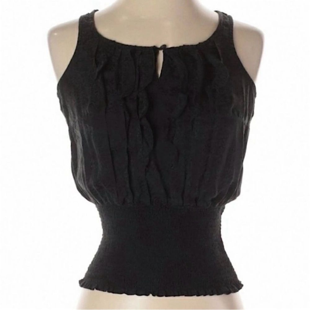 WHBM 100% Silk Body Leopard Ruffle Tank Smocked Waist XXS Black Chic Top